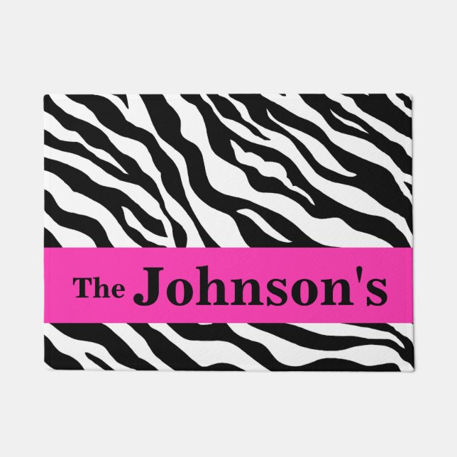 Schwarz-weißer Hot Pink Zebra Hautname Personalisi Fußmatte (Vorderseite)