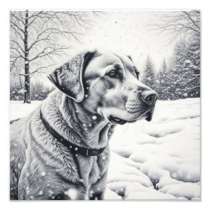 Schwarz-weißer Hund AI-Skizze Winterlandschaft Fotodruck