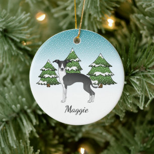 Schwarz-weißer Italienischer Windhund im Winterwal Keramik Ornament