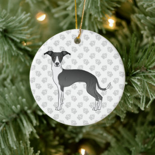Schwarz-weißer Italienischer Windhund mit Pfoten Keramik Ornament