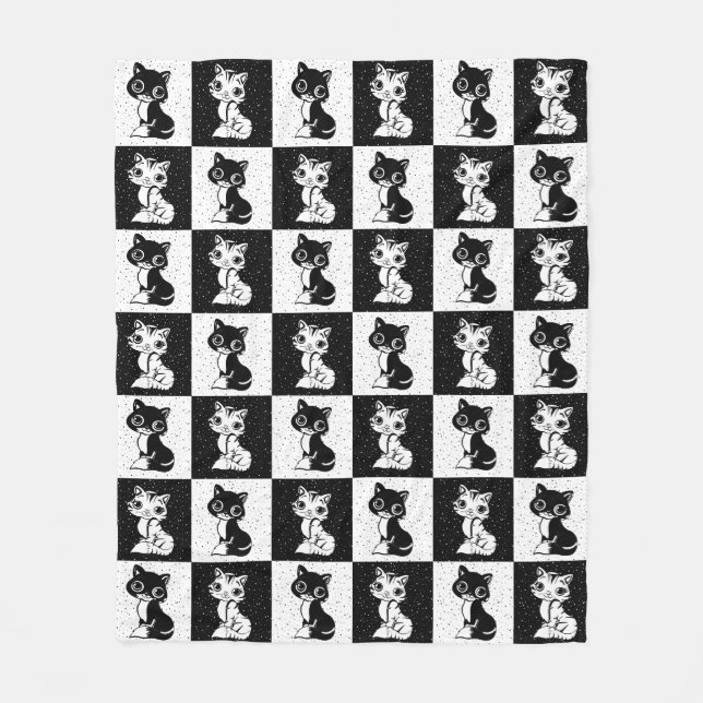 Schwarz-weißer Katzenmonogramm-Block Fleecedecke (Vorderseite)