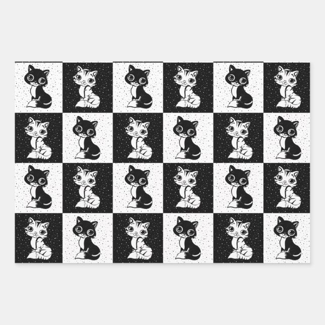 Schwarz-weißer Katzenmonogramm-Block Geschenkpapier Set (Vorderseite)