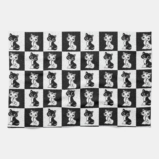 Schwarz-weißer Katzenmonogramm-Block Geschirrtuch (Horizontal)