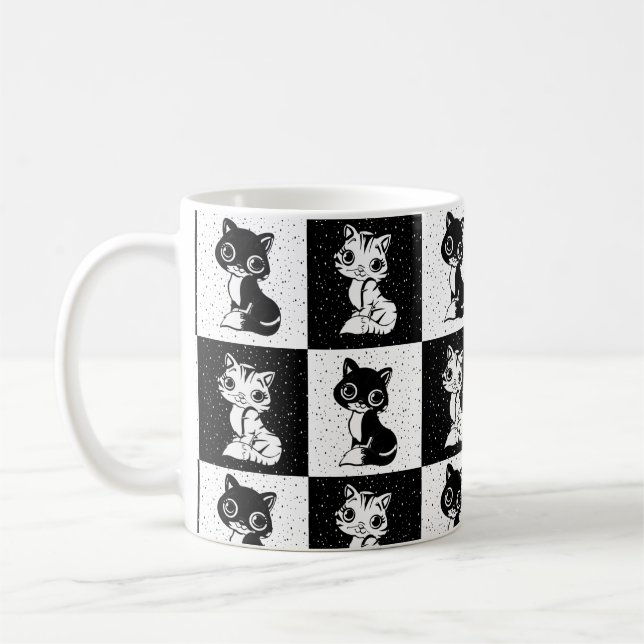 Schwarz-weißer Katzenmonogramm-Block Kaffeetasse (Links)