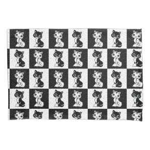 Schwarz-weißer Katzenmonogramm-Block Kissenbezug