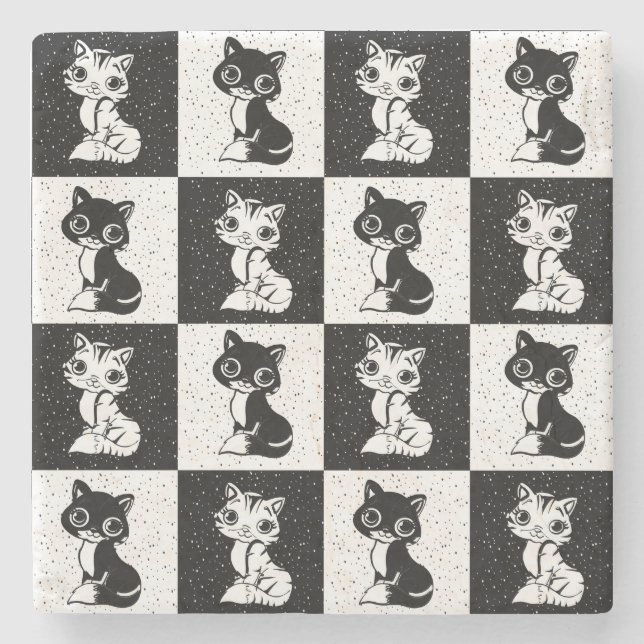 Schwarz-weißer Katzenmonogramm-Block Steinuntersetzer (Vorderseite)