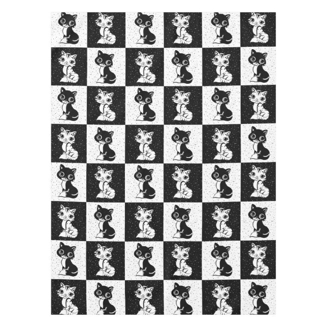 Schwarz-weißer Katzenmonogramm-Block Tischdecke (Vorderseite)