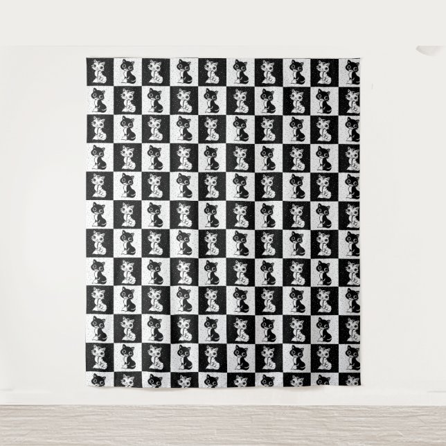 Schwarz-weißer Katzenmonogramm-Block Wandteppich (Vorderseite)