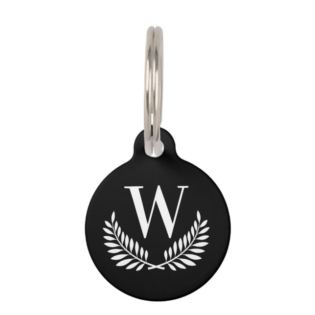 Schwarz-weißer klassischer Kranzmonogramm Haustiermarke (Vorderseite)
