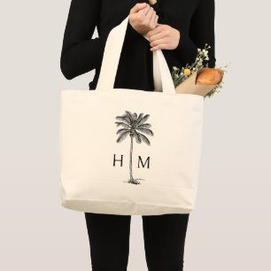 Schwarz-weißer Küsten-Palmetto-Palme-Monogramm Jumbo Stoffbeutel