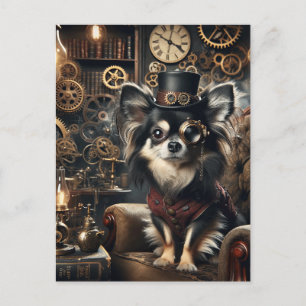 Schwarz-weißer Langhaar-Steampunk-Chihuahua Postkarte