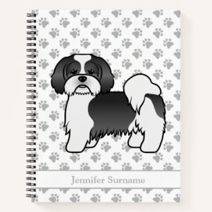 Schwarz-weißer Lhasa-Apso-Cartoon-Hund & Name Notizbuch