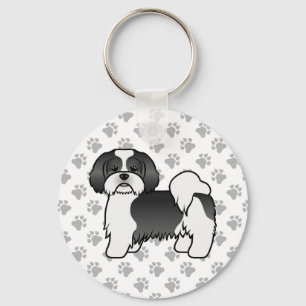 Schwarz-weißer Lhasa Apso süßer Cartoon-Hund Schlüsselanhänger