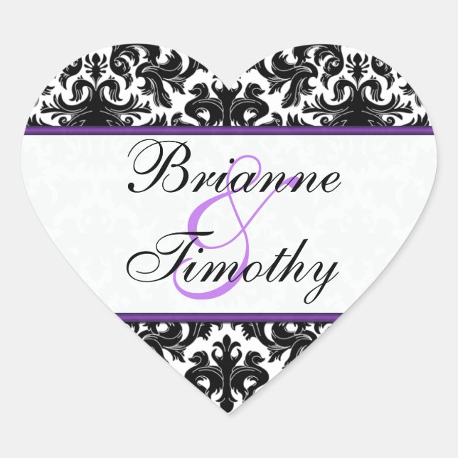 Schwarz-weißer Lila Damask 1,5" Hochzeitsticker Herz-Aufkleber (Vorderseite)