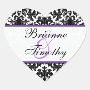 Schwarz-weißer Lila Damask 1,5" Hochzeitsticker Herz-Aufkleber