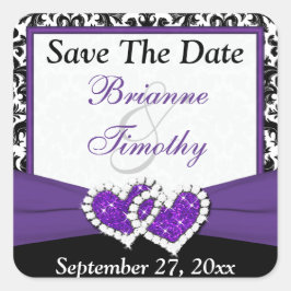 Schwarz-weißer Lila Damast 1,5" Save the Date Quadratischer Aufkleber