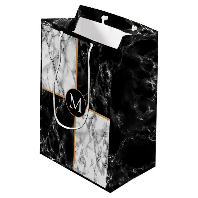 Schwarz-weißer Marmor - Maßgeschneiderte Bag für I Mittlere Geschenktüte (Rückseite Schrägansicht)