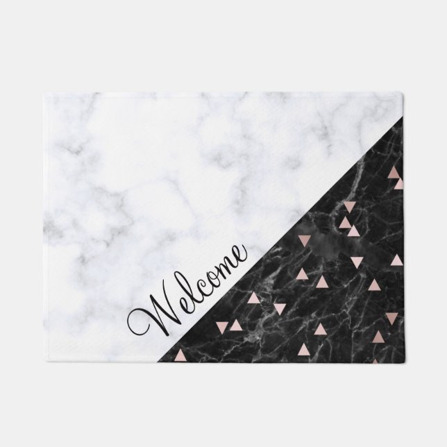 Schwarz-weißer Marmor Rose geometrisch Fußmatte (Vorderseite)