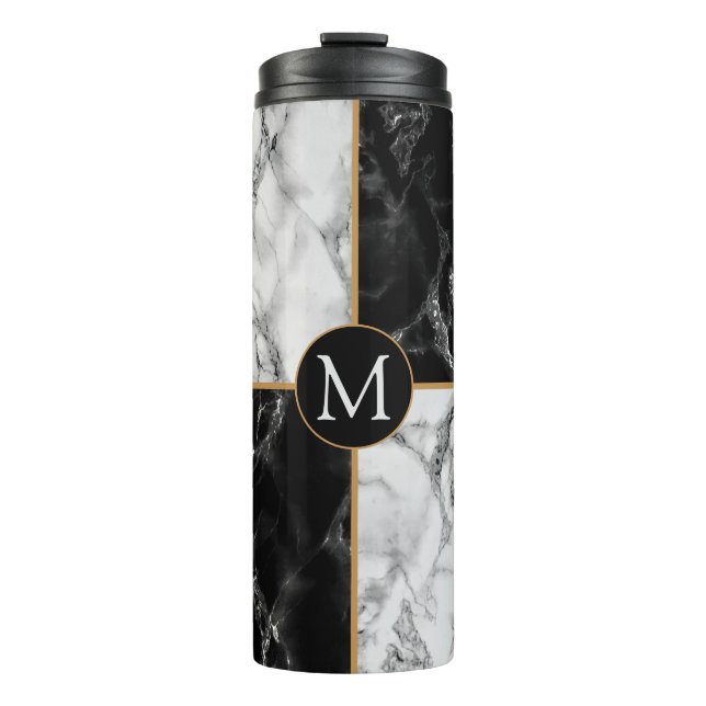 Schwarz-weißer Marmormonogramm-Letter Thermal Tumb Thermosbecher (Vorderseite)