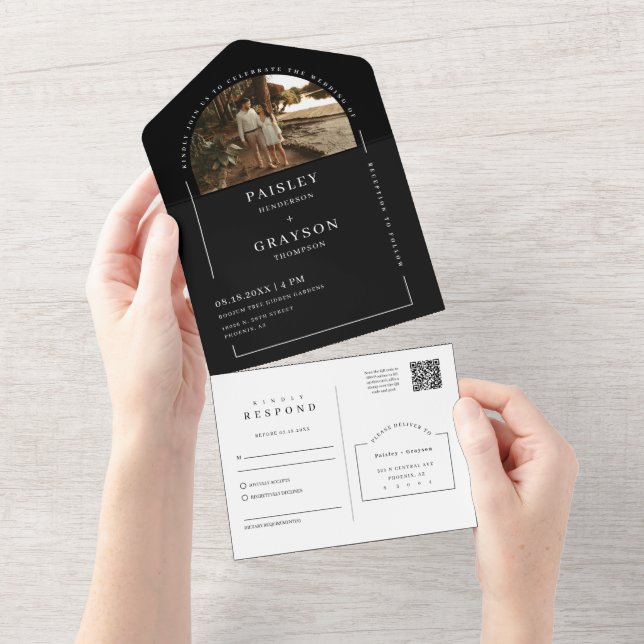 Schwarz-weißer moderner Minimaler Arch Foto QR Cod All In One Einladung (Abreißen)