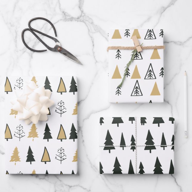 Schwarz-weißer, moderner Weihnachtsbaum Geschenkpapier Set (Vorderseite)