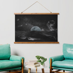 Schwarz-weißer Mond Nachthimmel Berggalaxie Pos Wandteppich Mit Holzrahmen