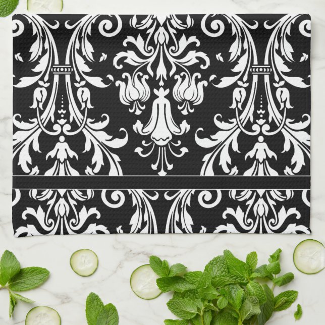 Schwarz-weißer Monogramm Floral-Schnappschachtel Geschirrtuch (Gefaltet)