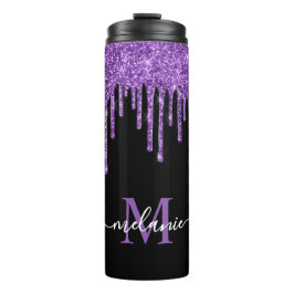 Schwarz-weißer Monogramm Lila Glitzer Tropfen Thermosbecher