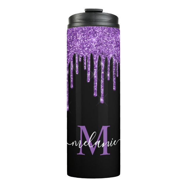 Schwarz-weißer Monogramm Lila Glitzer Tropfen Thermosbecher (Vorderseite)