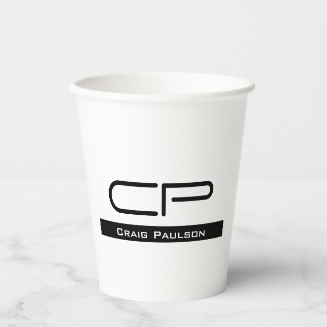 Schwarz-weißer Monogramm Name Modern Schlicht einf Pappbecher (Vorderseite)