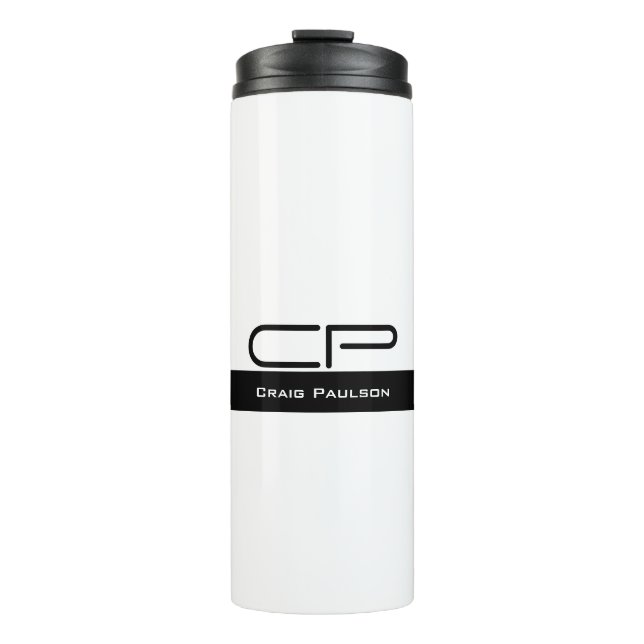 Schwarz-weißer Monogramm Name Modern Schlicht einf Thermosbecher (Vorderseite)
