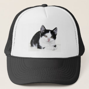 Schwarz-weißer nachdenklicher Kitten Trucker Hut Truckerkappe