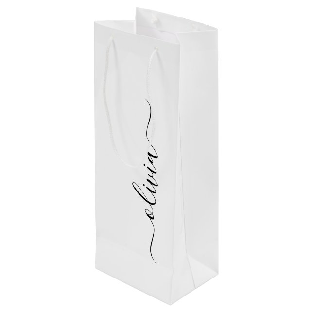Schwarz-weißer Name für das Girl-Monogramm Geschenktüte Für Weinflaschen (Rückseite Schrägansicht)