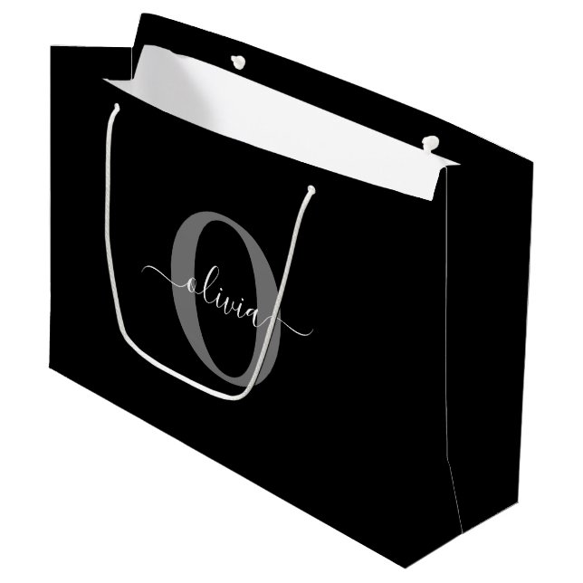 Schwarz-weißer Name für Monogramm-Skript Große Geschenktüte (Vorderseite Schrägansicht)