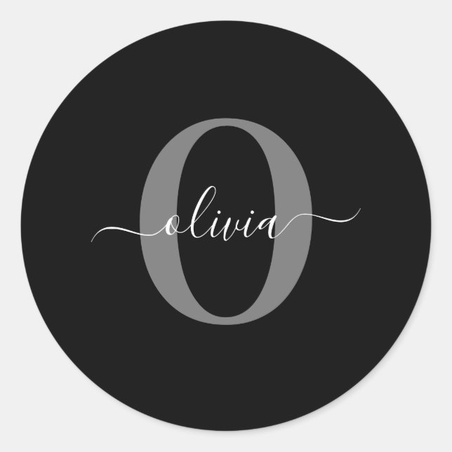 Schwarz-weißer Name für Monogramm-Skript Runder Aufkleber (Vorderseite)