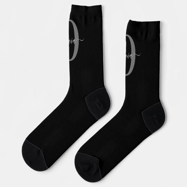 Schwarz-weißer Name für Monogramm-Skript Socken (Linkes Detail)