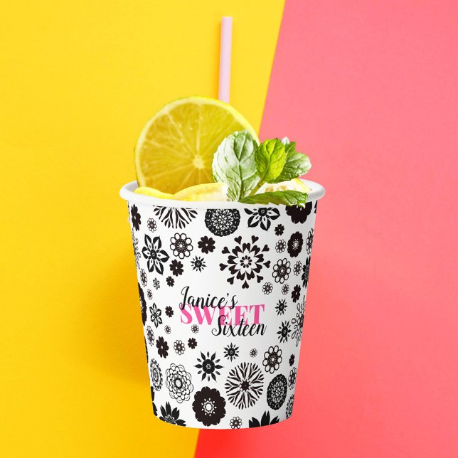 Schwarz-weißer Niedlicher Blumenstrauß 16 Personal Pappbecher (Von Creator hochgeladen)