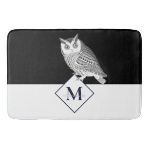 Schwarz-weißer Owl Grey Monogram Name Badezimmer Badematte