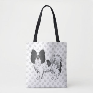 Schwarz-weißer Papillon-Cartoon-Hund mit Pfoten Tasche