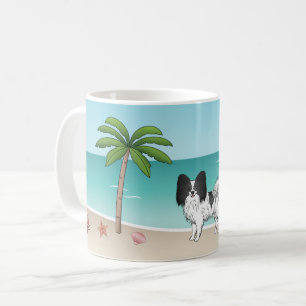 Schwarz-weißer Papillon-Hund am tropischen Sommers Kaffeetasse