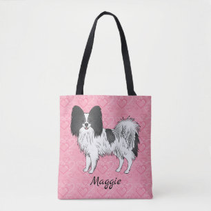 Schwarz-weißer Papillon-Hund auf rosa Herzen Tasche