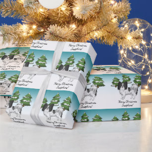 Schwarz-weißer Papillon-Hund im Winterwald Geschenkpapier