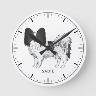 Schwarz-weißer Papillon-Hund mit individuellem Tex Runde Wanduhr