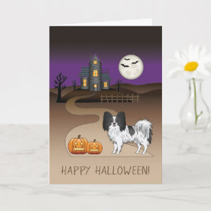 Schwarz-weißer Papillon und Halloween Spukhaus Karte
