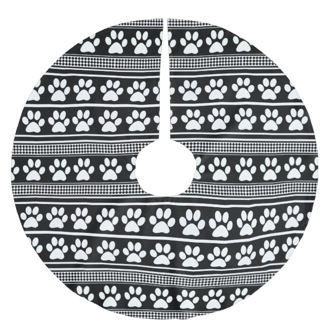 Schwarz-weißer Pfotenmuster-Baumrock Polyester Weihnachtsbaumdecke (Vorderseite)