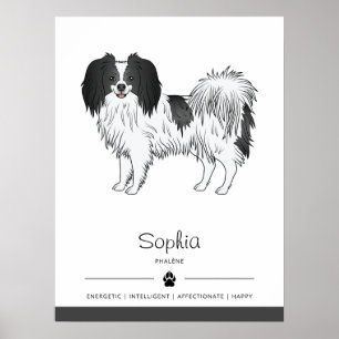 Schwarz-weißer Phalène-Hund mit eigenem Namen Poster