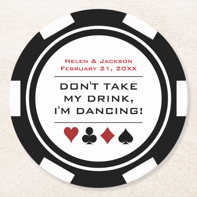 Schwarz-weißer Poker Chip Dancing Verlass Drink Ho Runder Pappuntersetzer (Vorderseite)