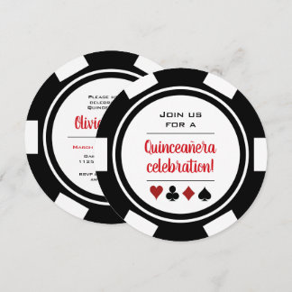 Schwarz-weißer Poker Chip Las Vegas Stil Quinceañe Einladung