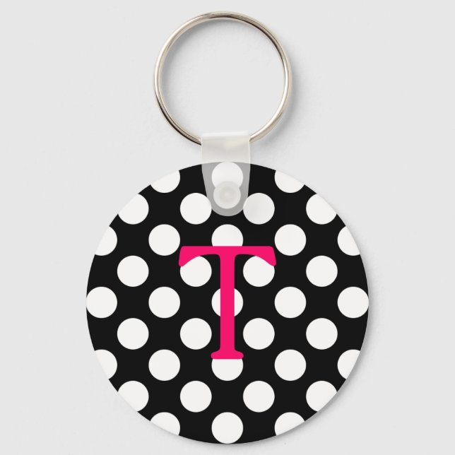 Schwarz-weißer Polka-Dot für den Pink-Buchstaben T Schlüsselanhänger (Vorderseite)