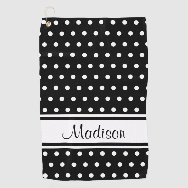 Schwarz-weißer Polka Dot Strip Skriptname Golfhandtuch (Vorderseite)